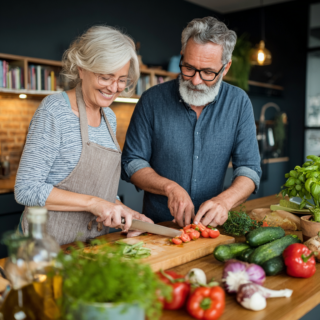 Mature couple cooking healthy meal together in modern kitchen