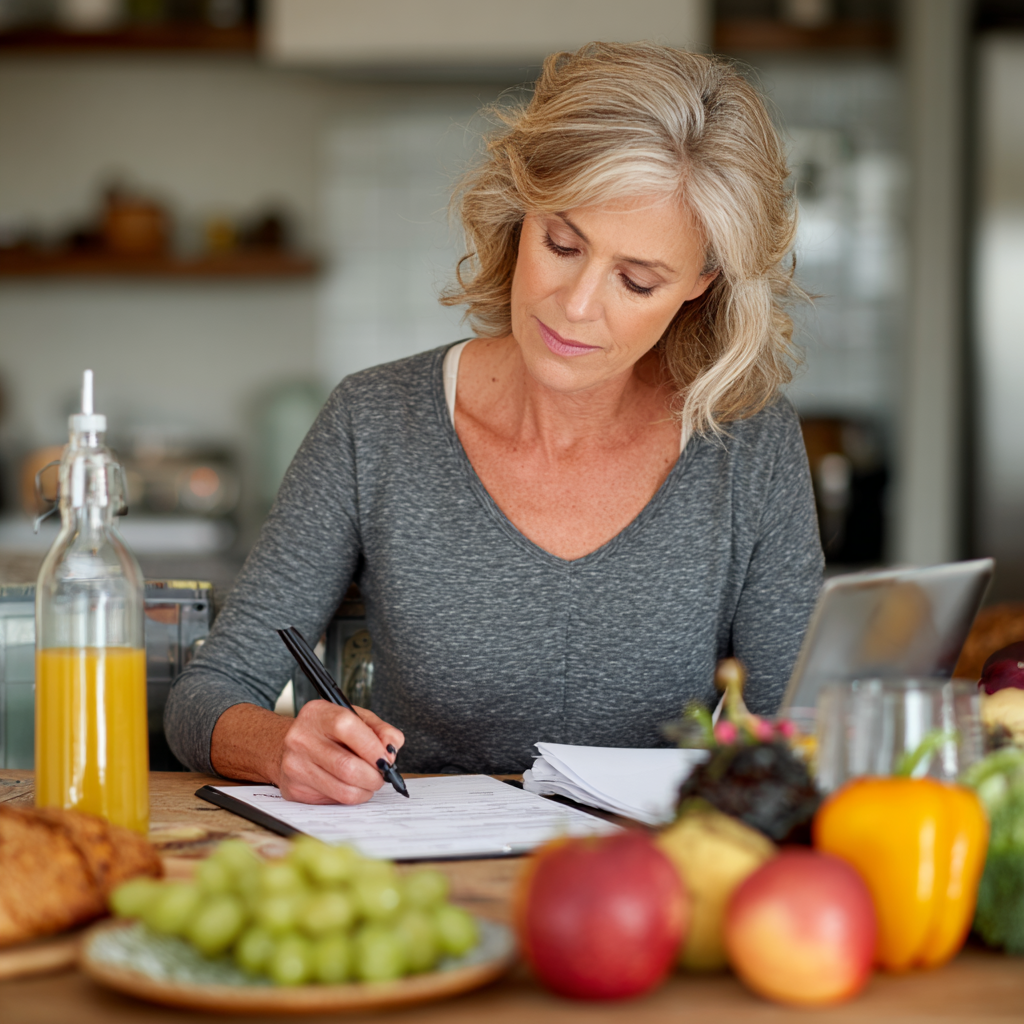 Middle-aged woman filling out nutrition questionnaire at home