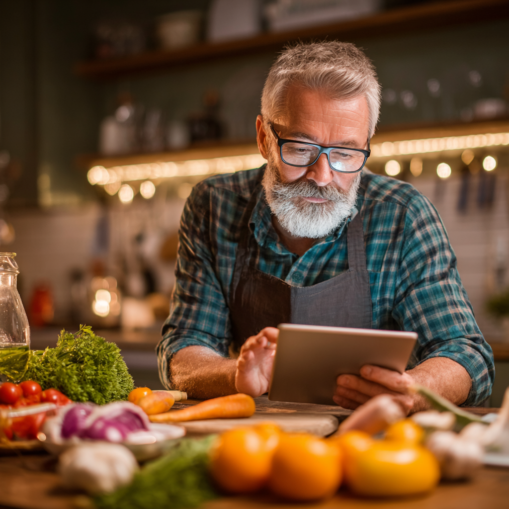 Senior man reviewing personalized meal plan on tablet device